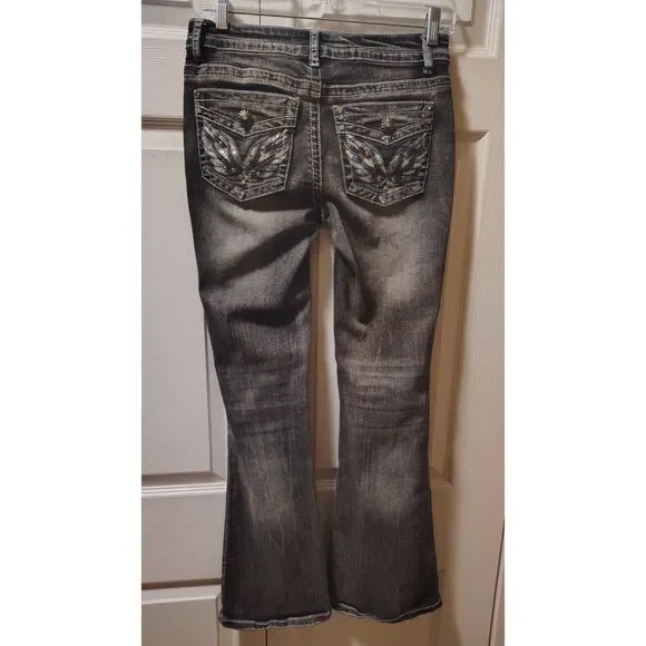Love SOHO Acid-Wash Black Low-Rise Faux Diamond Studded Flare Jeans Small - Picture 2 of 8